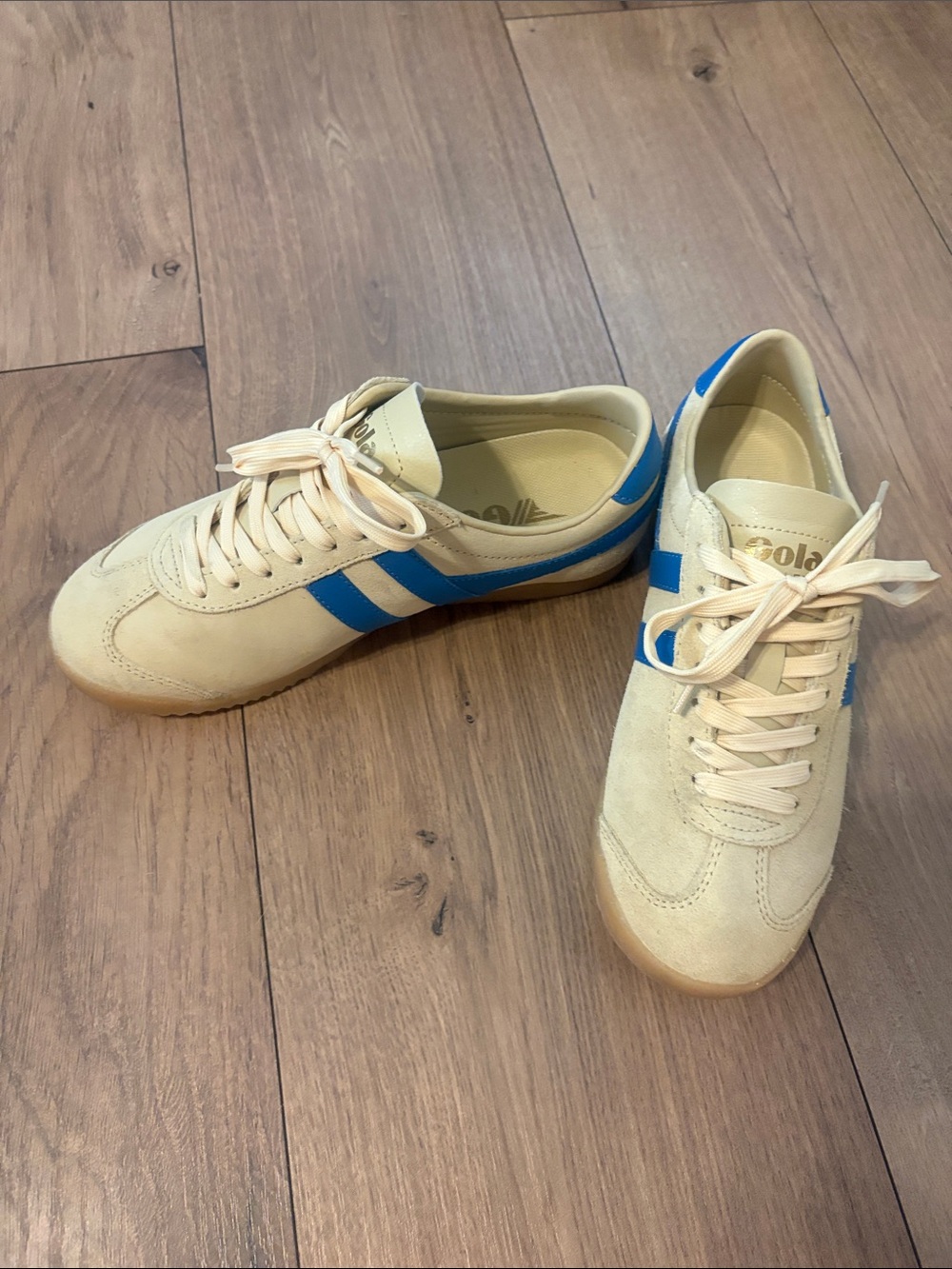 Gola Bullet Cream Suede Sneakers with Blue Stripes